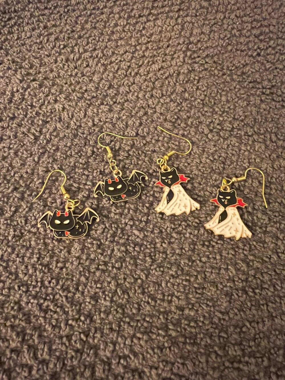Gothic Halloween Enamel Charm Earrings Black Cat Vampire Bat Gold Tone Drop